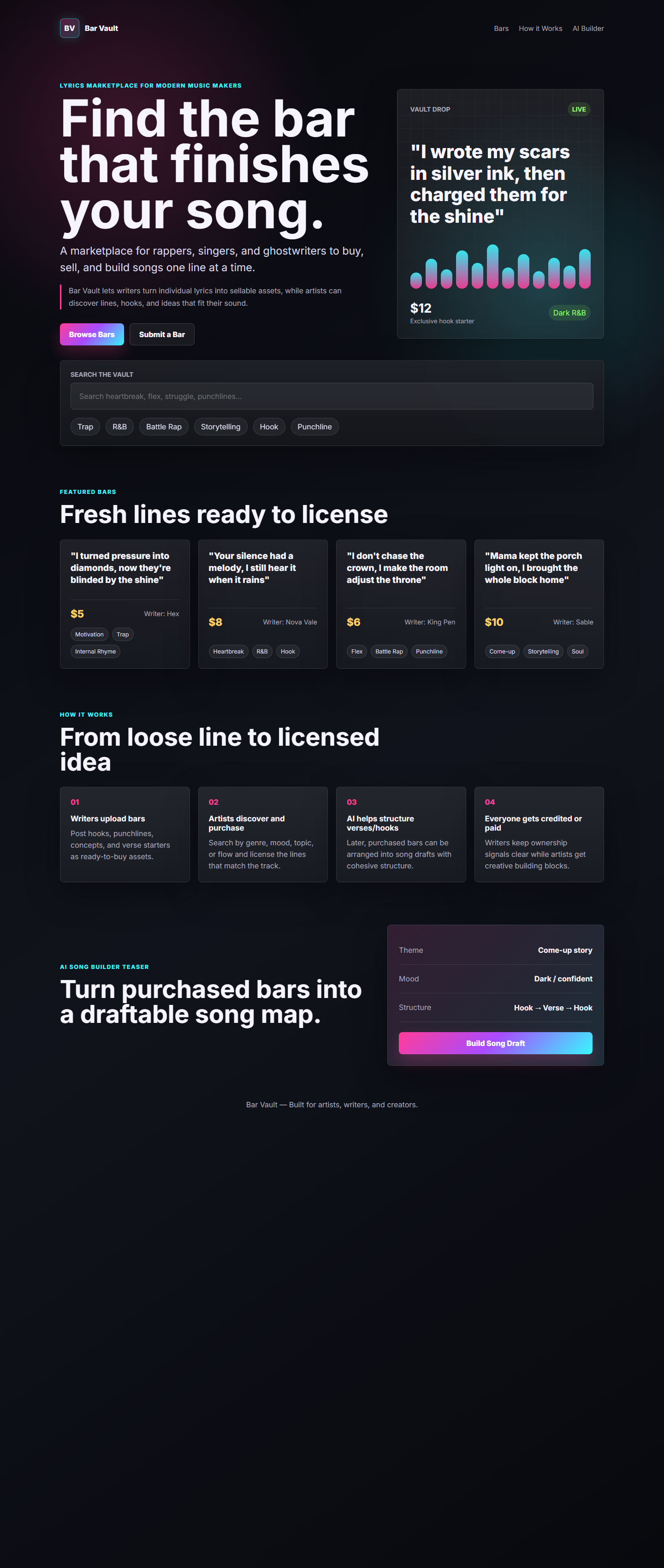 Bar Vault lyrics marketplace website concept