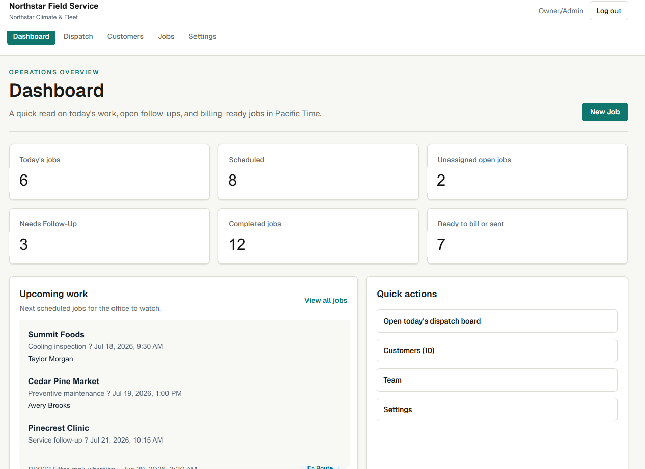 Reliable Field Service dashboard with demo operations metrics and upcoming work