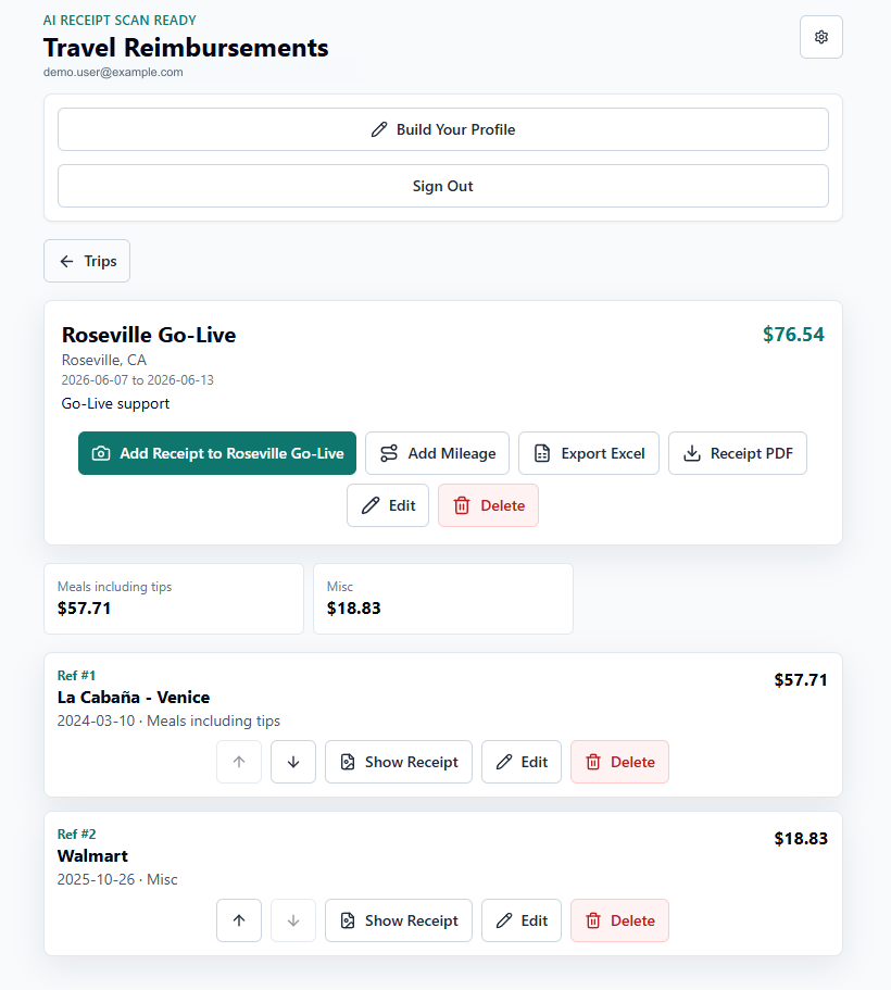 Travel Reimbursements trip review screen with receipt actions and report exports