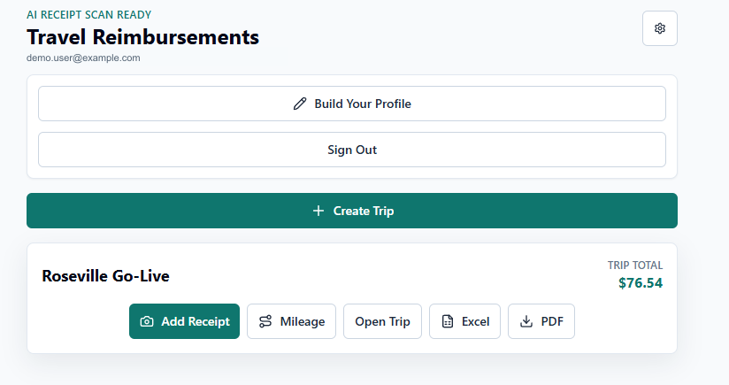 Travel Reimbursements trip list with demo trip actions