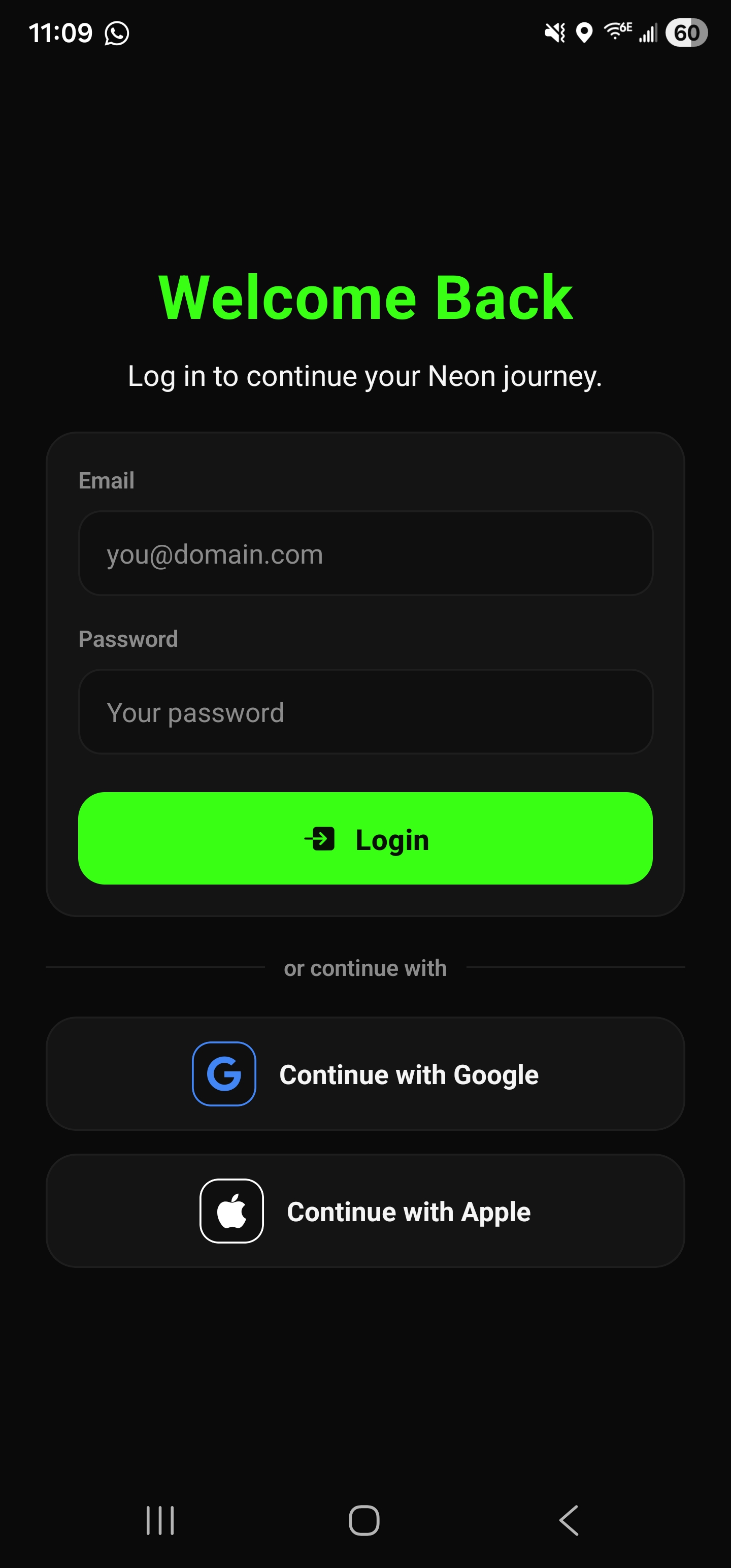 True Artist app login screen with neon green sign-in controls