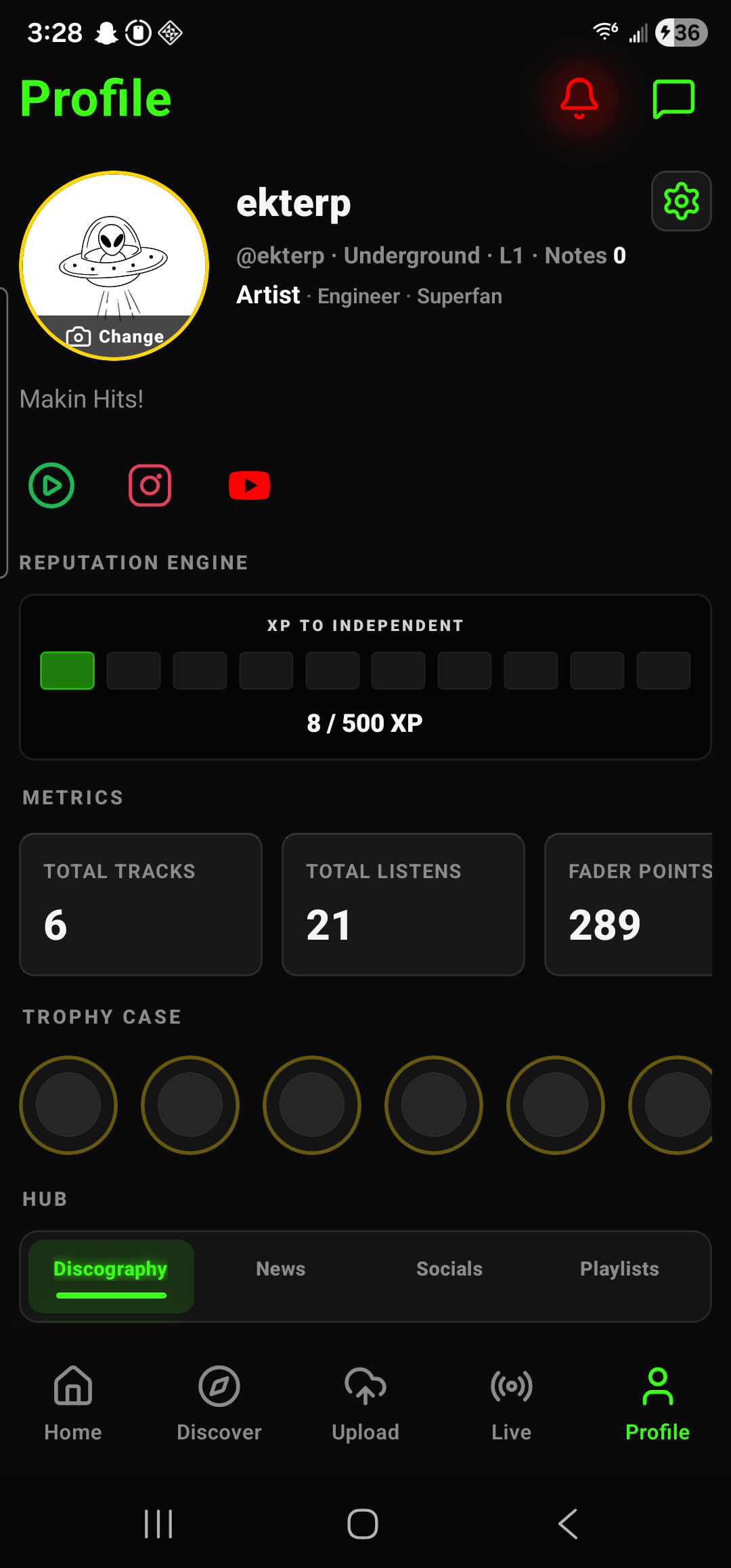 True Artist app profile screen showing XP, metrics, and profile tools