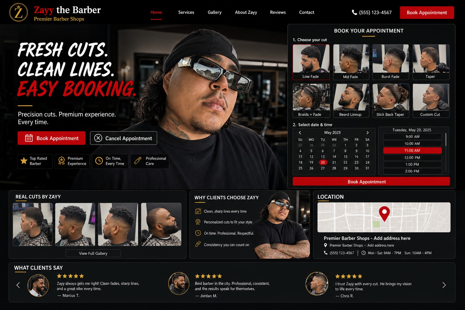 Zayy the Barber booking website mockup